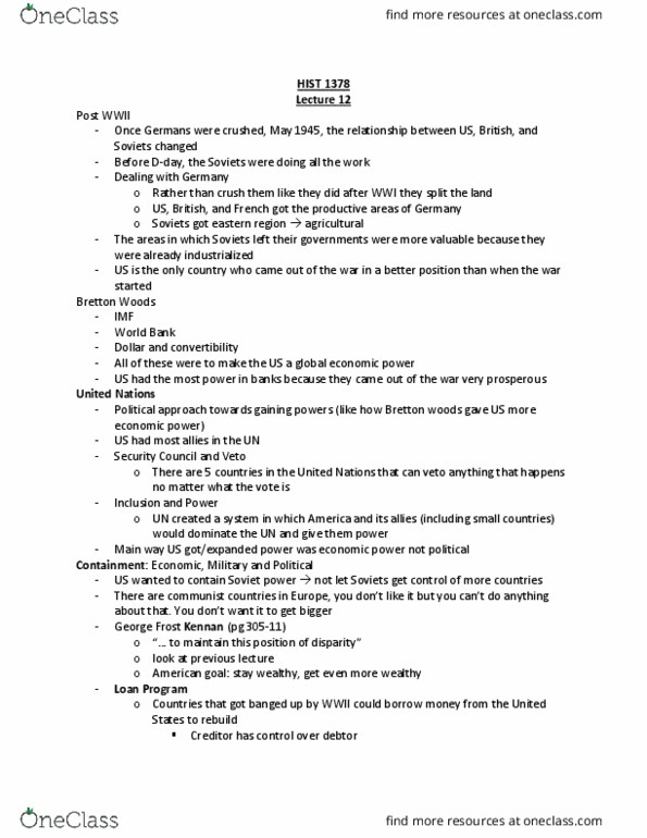 HIST 1378 Lecture Notes - Lecture 12: George F. Kennan, National Security, Conditionality thumbnail