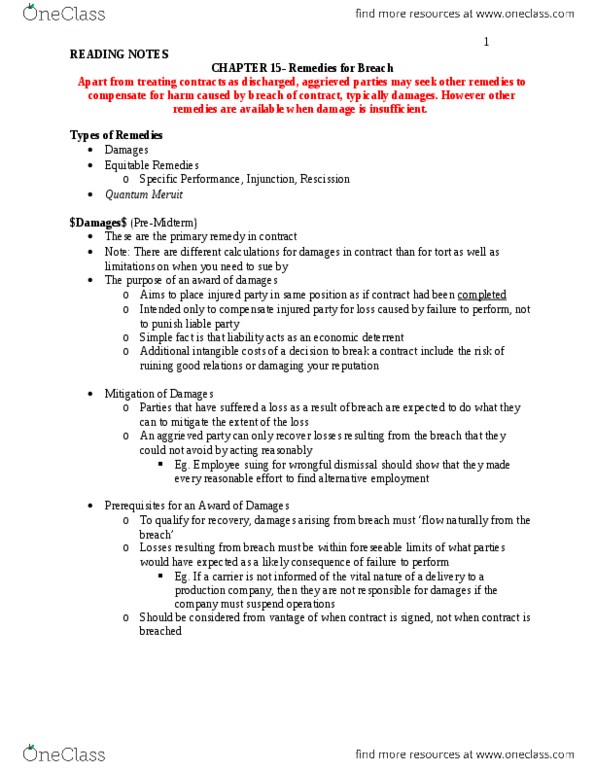 BU231 Lecture Notes - Wrongful Dismissal, Expectation Damages, Specific Performance thumbnail