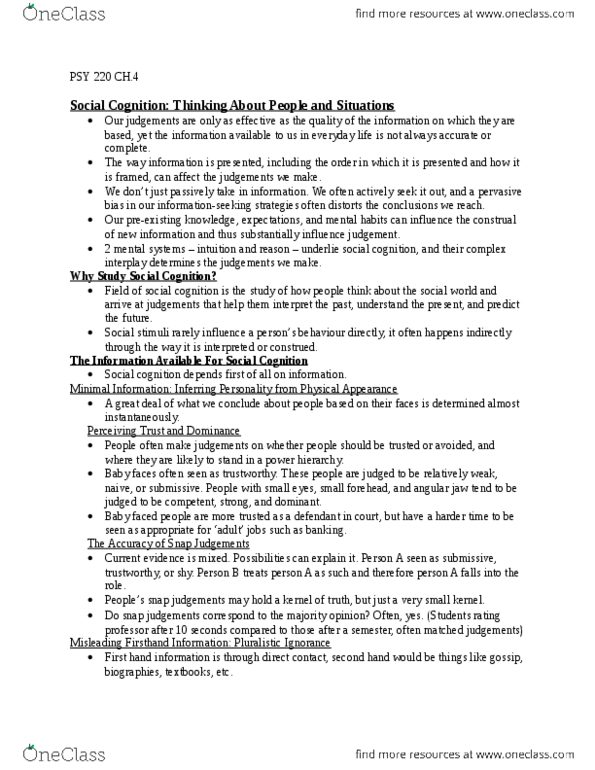 PSY220H1 Chapter Notes - Chapter 4: Social Cognition, Construals, Psy thumbnail
