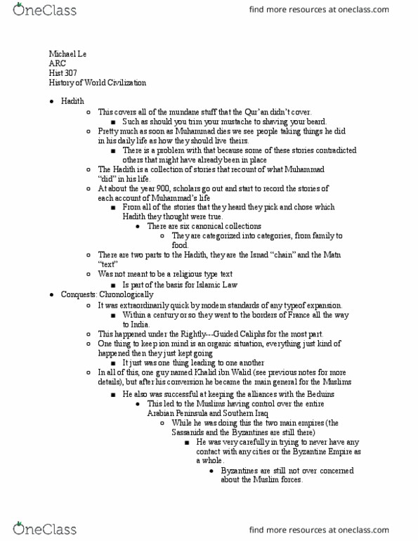 HIST 307 Lecture Notes - Lecture 12: Khalid Ibn Al-Walid, Bedouin, Sharia thumbnail