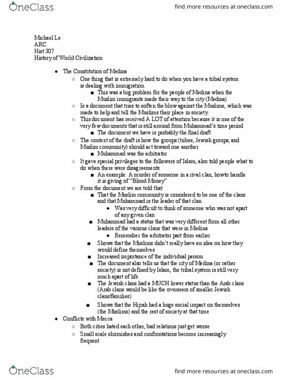 HIST 307 Lecture Notes - Lecture 9: Abu Sufyan Ibn Harb, Khalid Ibn Al-Walid thumbnail