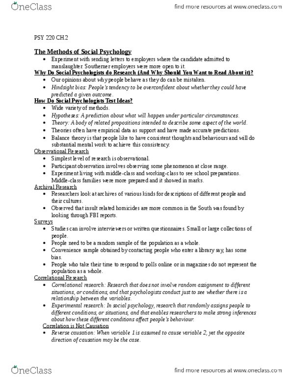 PSY220H1 Chapter Notes - Chapter 2: Psy, Hindsight Bias, Dependent And Independent Variables thumbnail