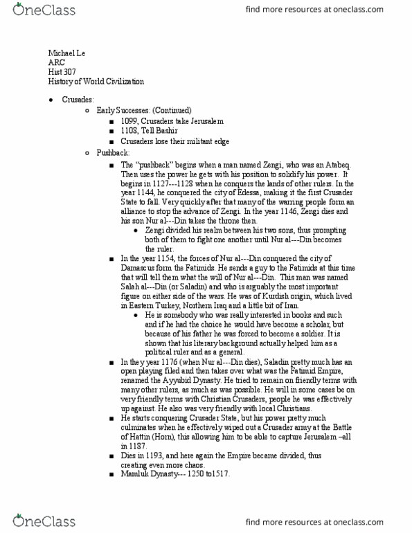 HIST 307 Lecture Notes - Lecture 28: Ayyubid Dynasty, Imad Ad-Din Zengi, Crusader States thumbnail