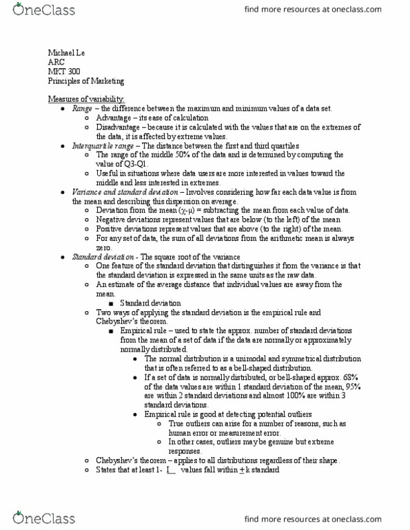 MKT 300 Lecture Notes - Lecture 24: Interquartile Range, Standard Deviation, Unimodality thumbnail