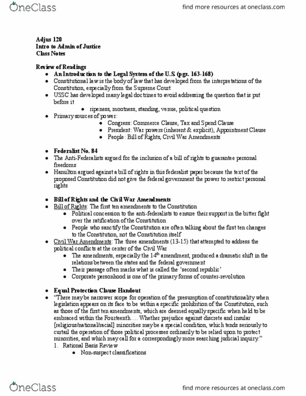 ADJUS-120 Lecture Notes - Lecture 15: Federalist No. 84, Equal Protection Clause, Commerce Clause thumbnail