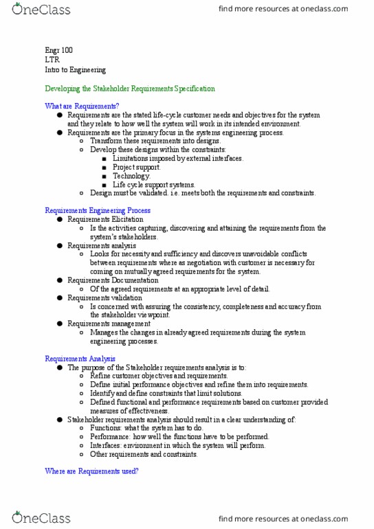 ENGR 100 Lecture Notes - Lecture 11: Systems Engineering, Requirements Analysis, Requirements Management thumbnail