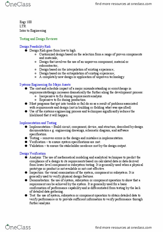 ENGR 100 Lecture Notes - Lecture 17: Systems Engineering, Requirements Analysis, Unit Testing thumbnail