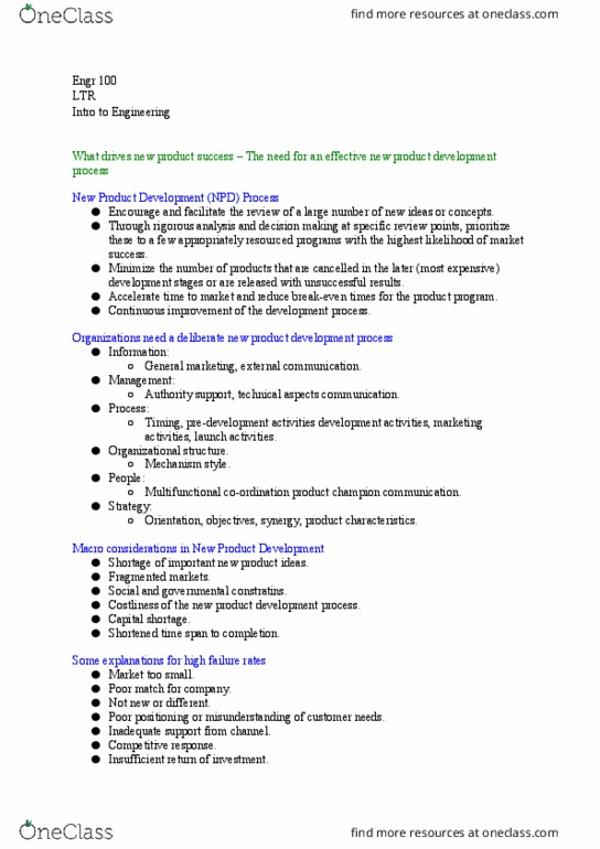 ENGR 100 Lecture Notes - Lecture 27: Continual Improvement Process, Market Research thumbnail