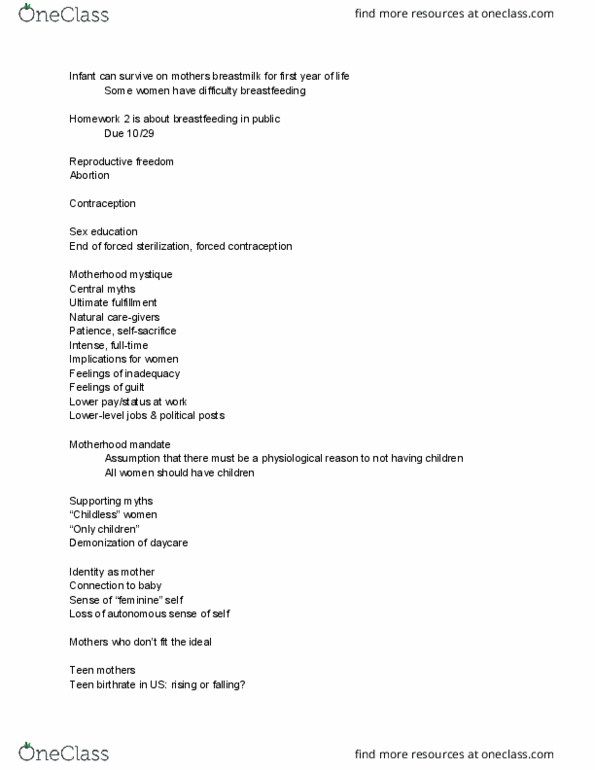 WGSS 3998 Lecture Notes - Lecture 14: Flextime, Child Care, Postpartum Depression thumbnail