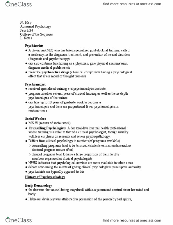 PSY 034 Lecture Notes - Lecture 2: Clinical Psychology, Mental Health Professional, Medical Prescription thumbnail