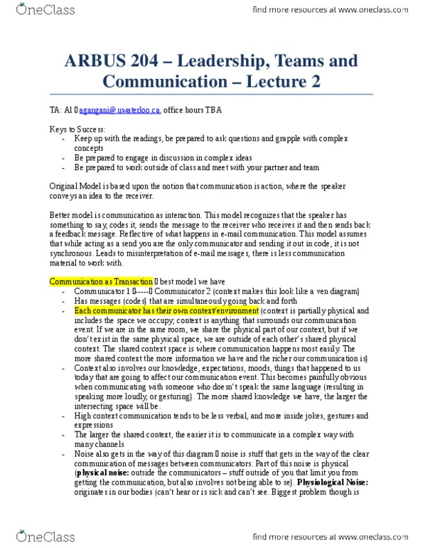 MSCI411 Lecture Notes - Nonverbal Communication, Organizational Communication thumbnail