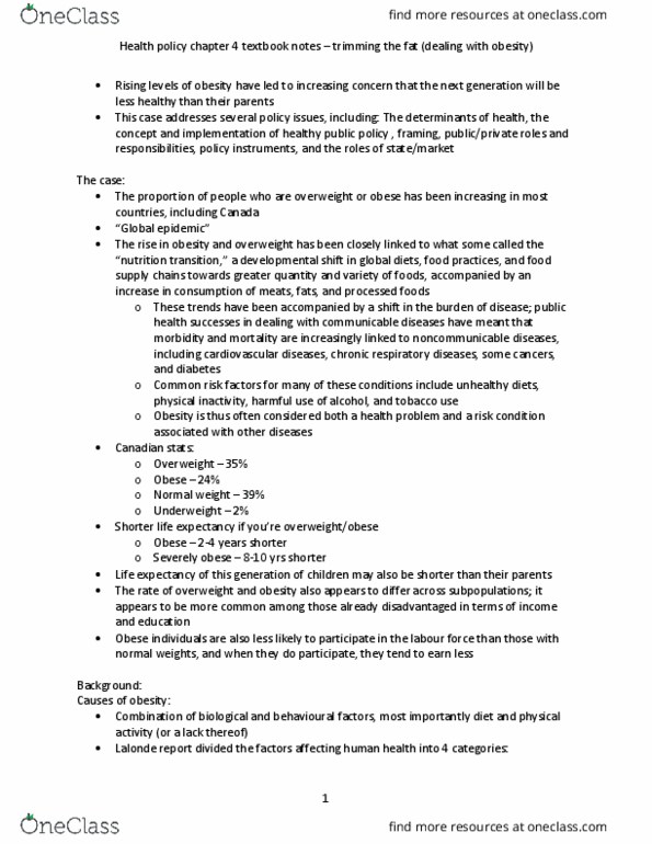 Health Sciences 3400A/B Chapter Notes - Chapter 4: Nutrition Transition, Health Policy, Underweight thumbnail