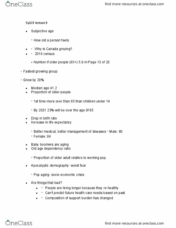 SY103 Lecture Notes - Lecture 9: Baby Boomers, Dependency Ratio, Old Age thumbnail
