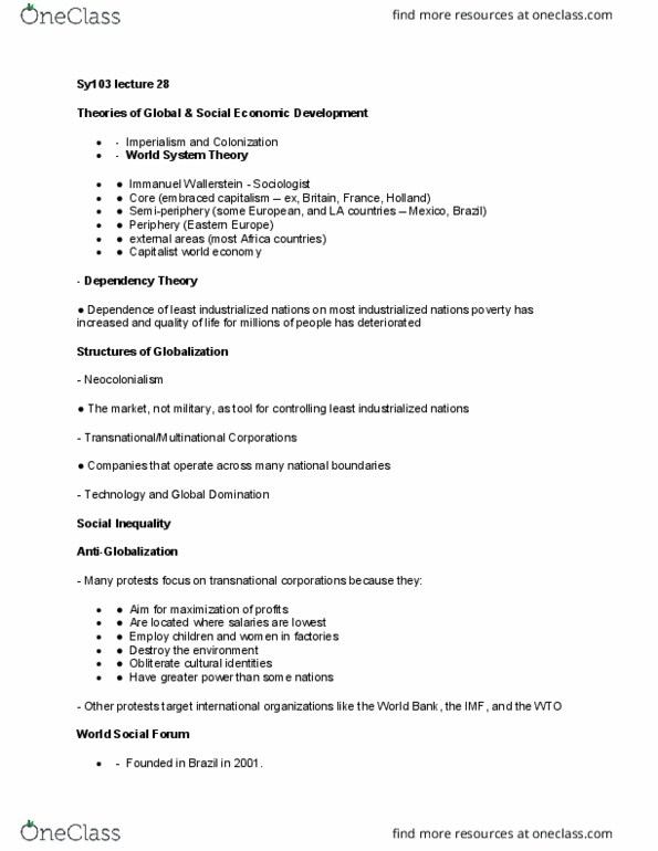 SY103 Lecture Notes - Lecture 28: World Social Forum, Neocolonialism, Dependency Theory thumbnail