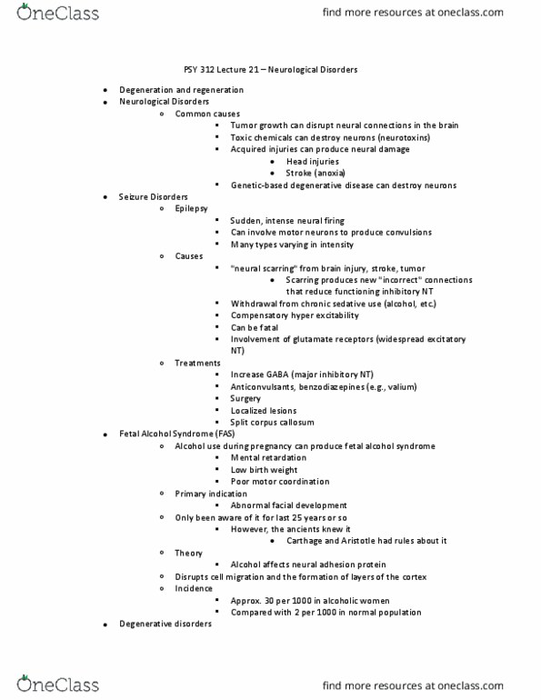PSY 312 Lecture Notes - Lecture 21: Degenerative Disease, Motor Coordination, Benzodiazepine thumbnail