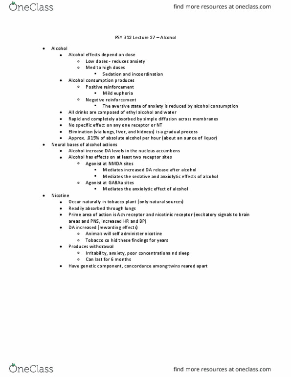 PSY 312 Lecture Notes - Lecture 27: Anxiolytic, Nucleus Accumbens, Sedation thumbnail