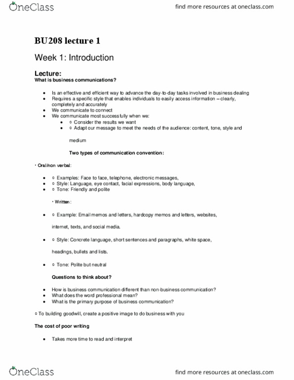 BU208 Lecture Notes - Lecture 1: Business Communication thumbnail