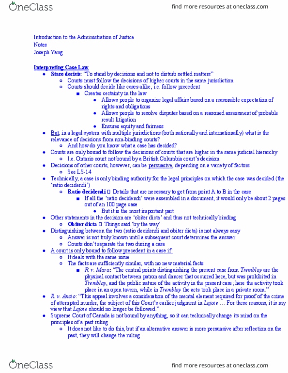 ADJ-1 Lecture Notes - Lecture 4: Obiter Dictum, Ratio Decidendi, Precedent thumbnail
