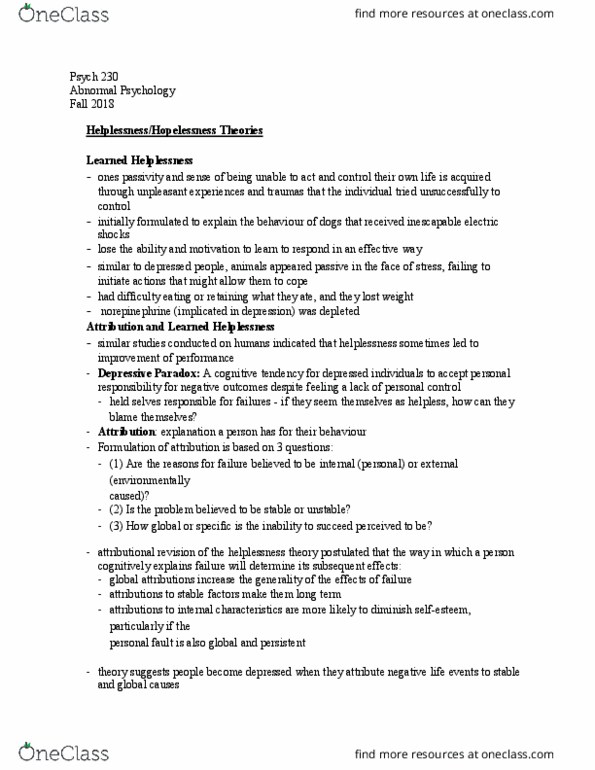PSYCH-230 Chapter Notes - Chapter 1: Psych, Learned Helplessness thumbnail