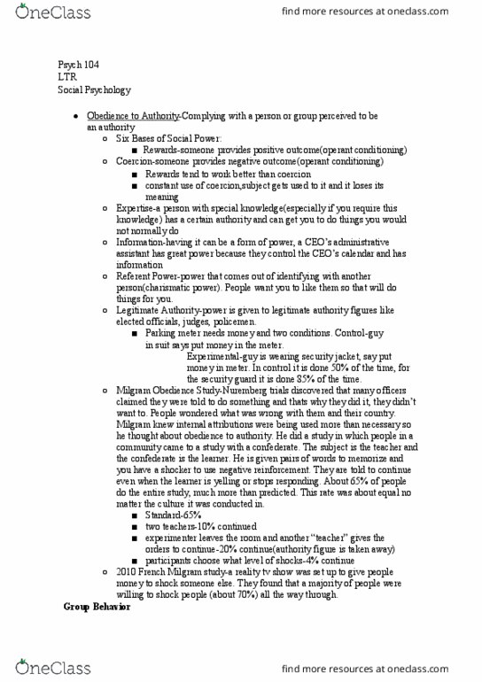 PSYCH 104 Lecture Notes - Lecture 10: Reality Television, Operant Conditioning, Psych thumbnail