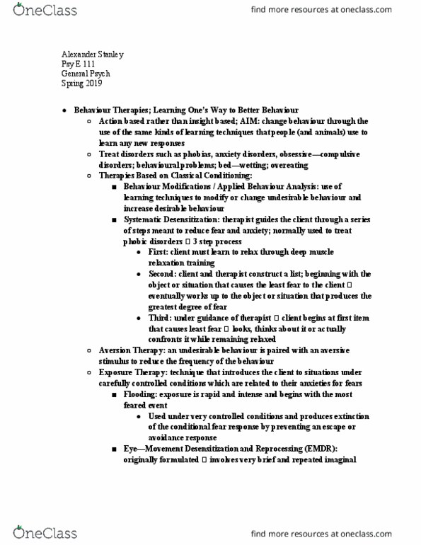 PSY E111 Lecture Notes - Lecture 29: Applied Behavior Analysis, Aversion Therapy, Eye Movement Desensitization And Reprocessing thumbnail