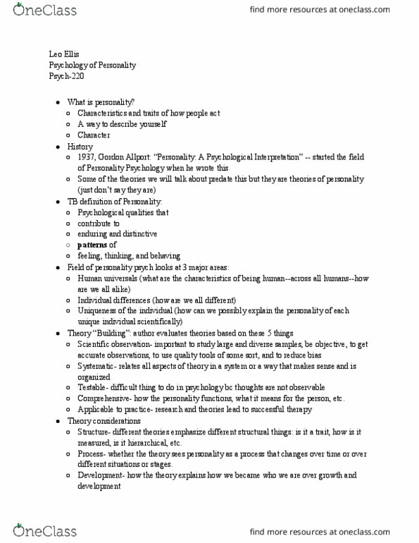 PSYCH-220 Lecture Notes - Lecture 28: Institute For Operations Research And The Management Sciences, Personality Psychology, Gordon Allport thumbnail