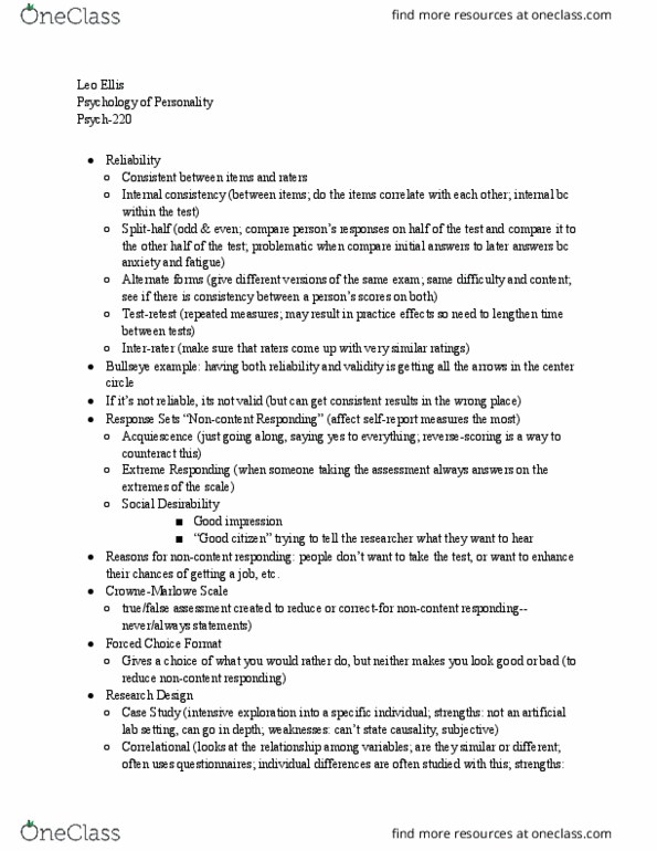 PSYCH-220 Lecture Notes - Lecture 30: Internal Consistency, Repeated Measures Design thumbnail