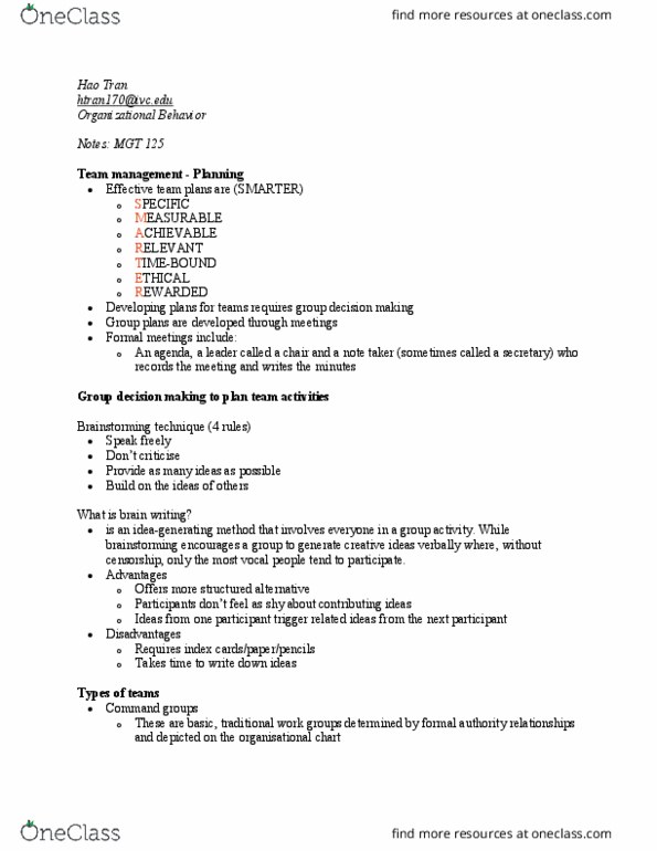 MGT 125 Lecture Notes - Lecture 18: Brainstorming, Job Enrichment, Social Loafing thumbnail