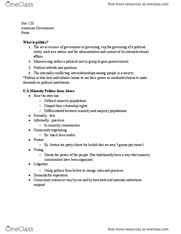 GOV 120 Lecture Notes - Lecture 1: Community Organizing thumbnail
