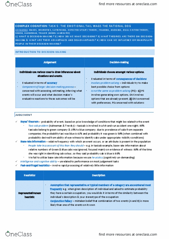 CAOT 31 Lecture Notes - Lecture 18: Conjunction Fallacy, Daniel Kahneman, Satisficing thumbnail