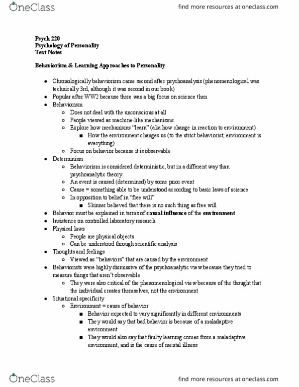 PSYCH-220 Chapter Notes - Chapter 2: Psych, Behaviorism, Determinism thumbnail