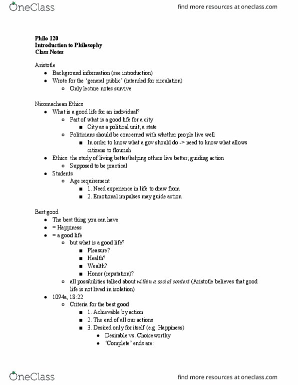 PHILO-120 Lecture Notes - Lecture 1: Nicomachean Ethics thumbnail