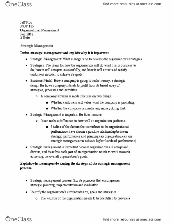 MGT 125 Chapter Notes - Chapter 1: Swot Analysis, Howa, Strategic Management thumbnail