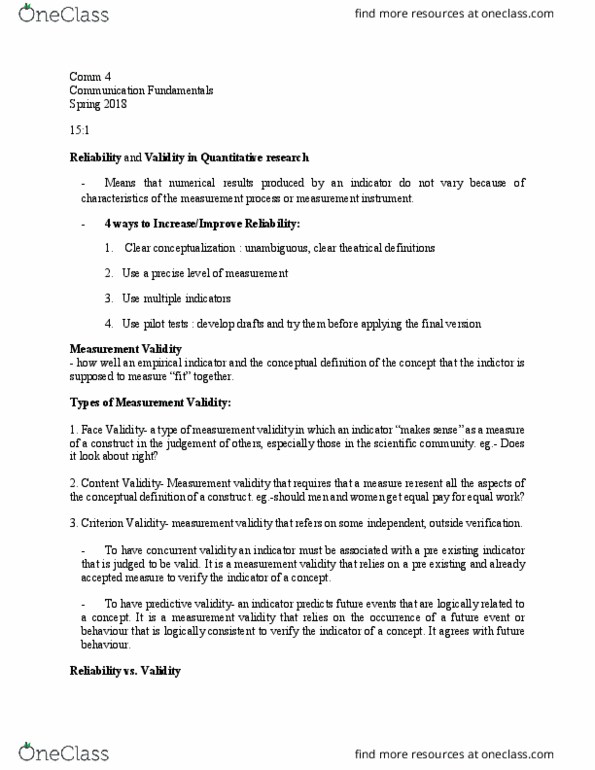 COMM 004 Lecture Notes - Lecture 29: Consistency, Theoretical Definition, Face Validity thumbnail