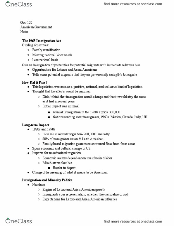 GOV 120 Lecture Notes - Lecture 4: Immigration And Nationality Act Of 1965, Family Reunification, Asian Americans thumbnail
