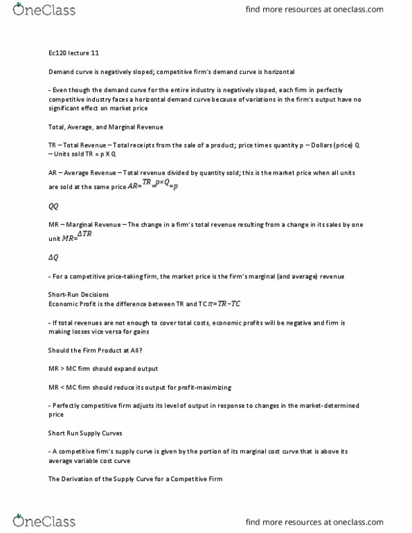 EC120 Lecture Notes - Lecture 11: Marginal Revenue, Marginal Cost, Demand Curve thumbnail