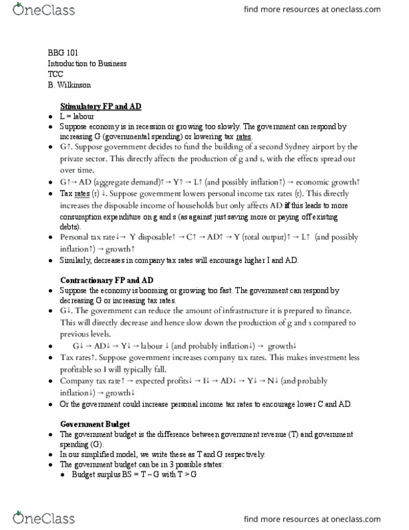 BBG 101 Lecture Notes - Lecture 13: Fiscal Policy, Aggregate Demand thumbnail