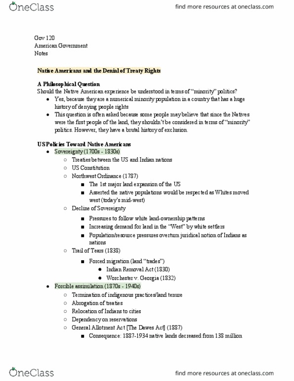 GOV 120 Lecture Notes - Lecture 7: Indian Removal Act, Northwest Ordinance, Dawes Act thumbnail