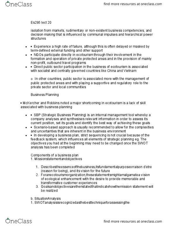 ES295 Lecture Notes - Lecture 20: Ecotourism, Swot Analysis thumbnail