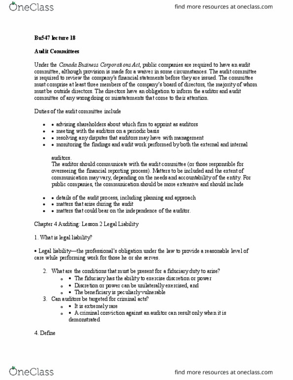 BU547 Lecture Notes - Lecture 18: Canada Business Corporations Act, Financial Statement, Fiduciary thumbnail