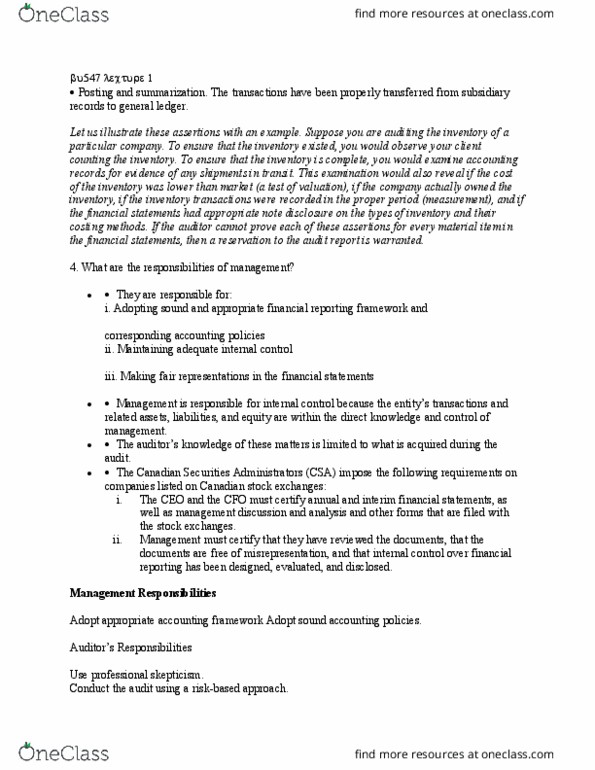 BU547 Lecture Notes - Lecture 1: Canadian Securities Administrators, General Ledger, Internal Control thumbnail