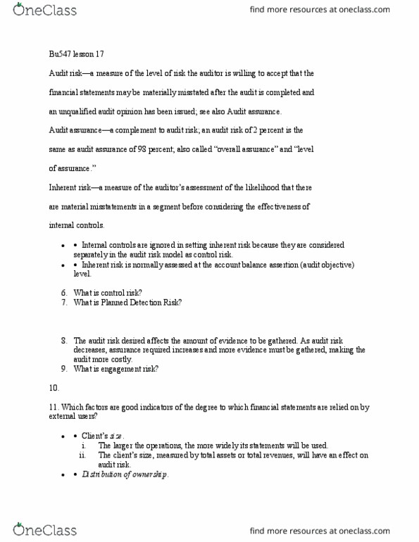 BU547 Lecture Notes - Lecture 17: Audit Risk, Audit Evidence, Financial Statement thumbnail