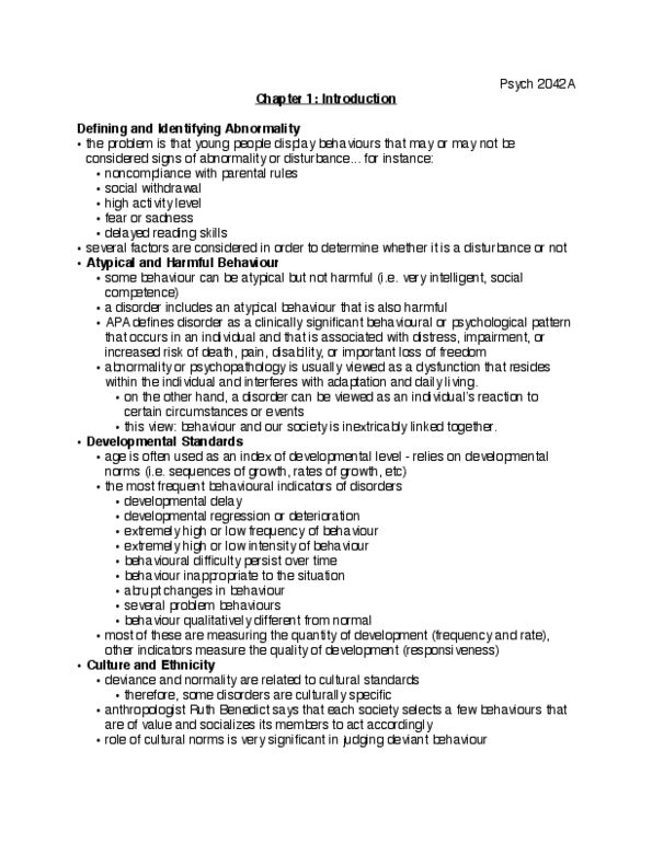 Psychology 2042A/B Chapter Notes - Chapter 1: Speech Disorder, Relational Aggression, Psychopathology thumbnail