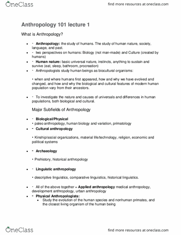 AN101 Lecture Notes - Lecture 1: Development Anthropology, Primatology, Applied Anthropology thumbnail