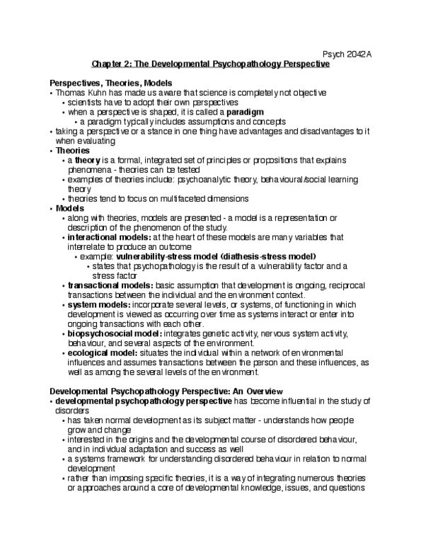 Psychology 2042A/B Chapter Notes - Chapter 2: Developmental Psychopathology, Thomas Kuhn, Stress Management thumbnail