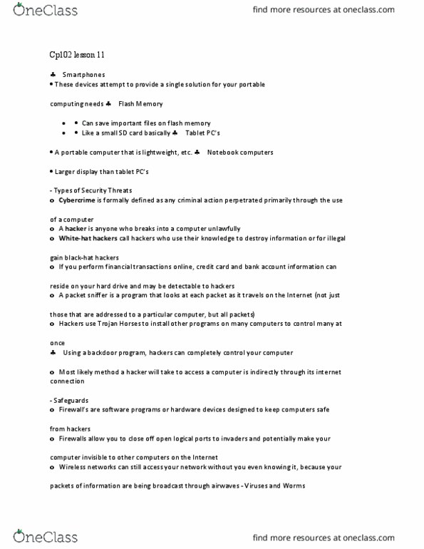 CP102 Lecture Notes - Lecture 11: Packet Analyzer, Portable Computer, Secure Digital thumbnail