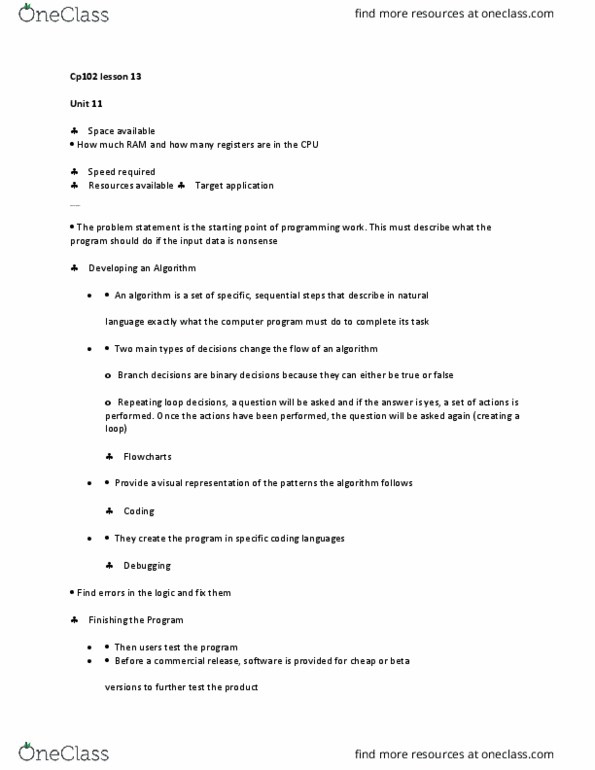 CP102 Lecture Notes - Lecture 13: Flowchart, Data Integrity thumbnail