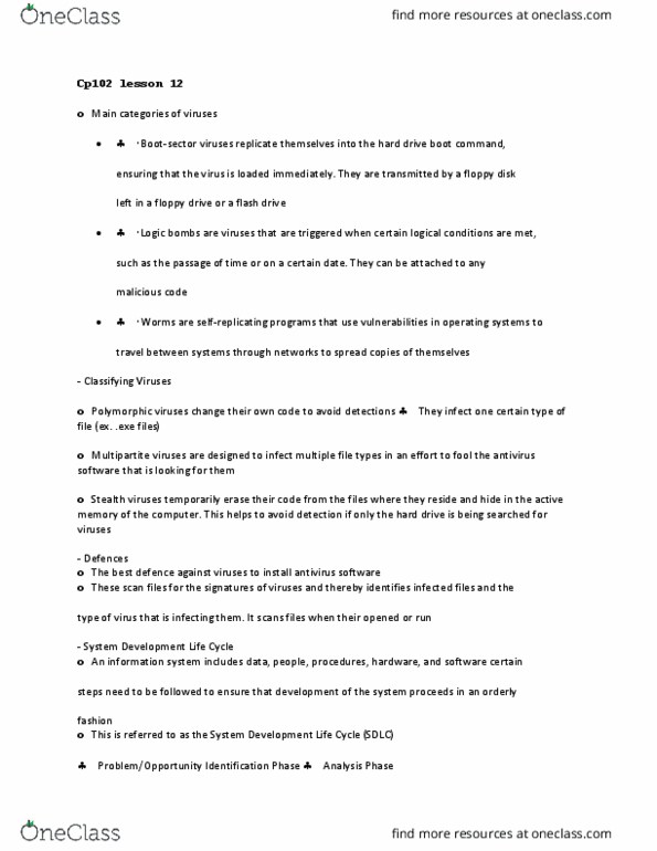 CP102 Lecture Notes - Lecture 12: Floppy Disk, Antivirus Software, Systems Development Life Cycle thumbnail