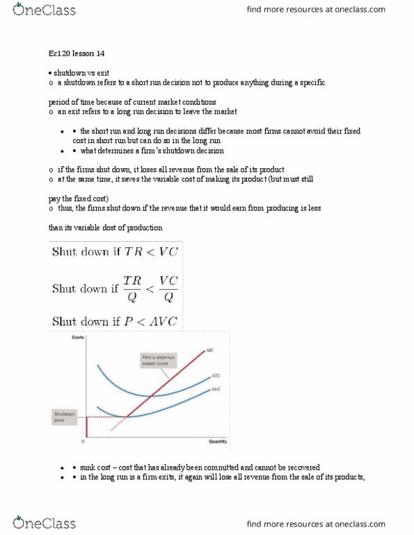 EC120 Lecture Notes - Lecture 14: Fixed Cost, Variable Cost, Sunk Costs thumbnail