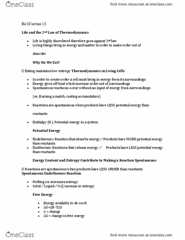 BI110 Lecture Notes - Lecture 13: Potential Energy, Exothermic Process, Thermodynamics thumbnail